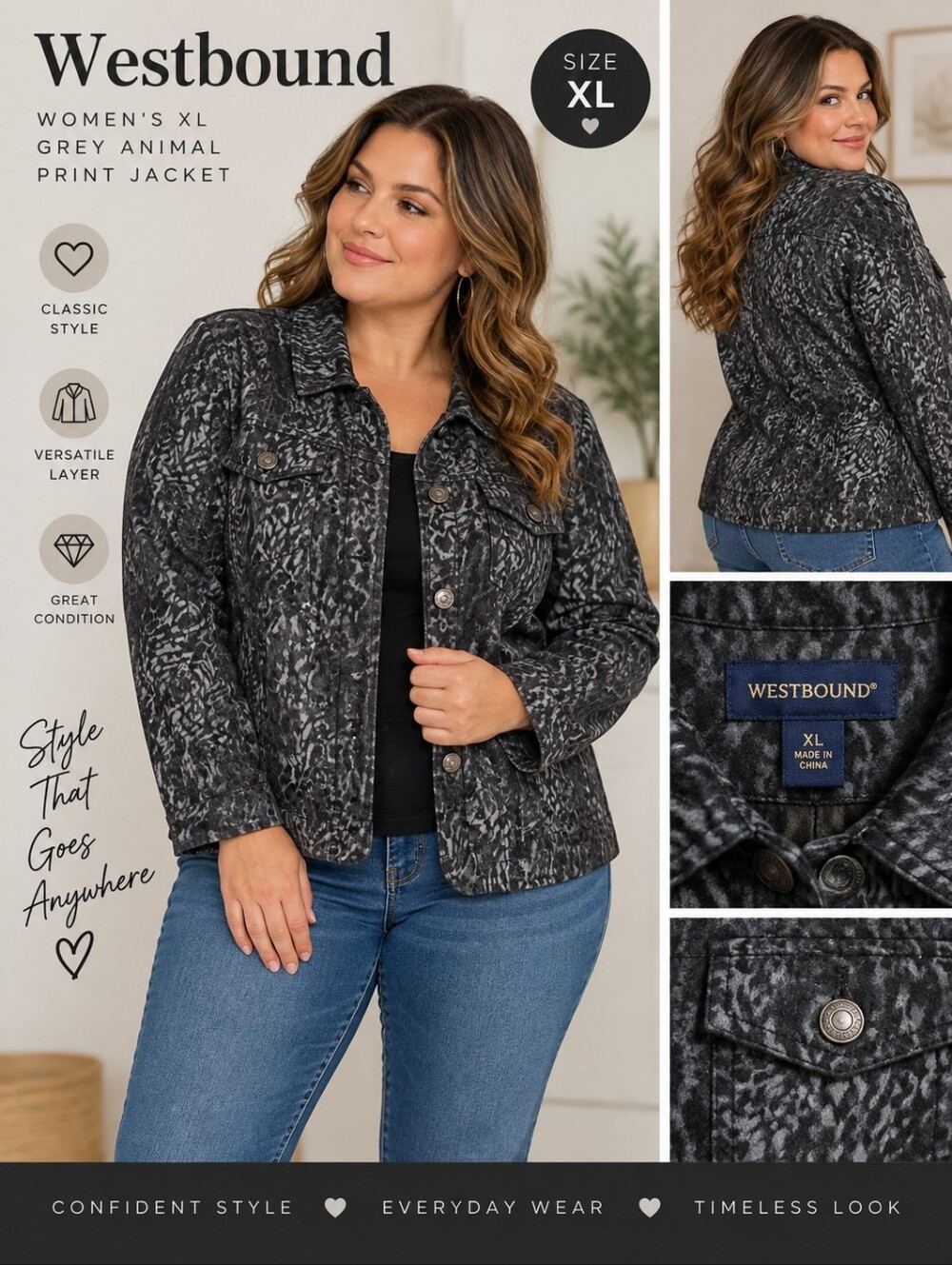 Westbound women's XL grey animal print jacket #21